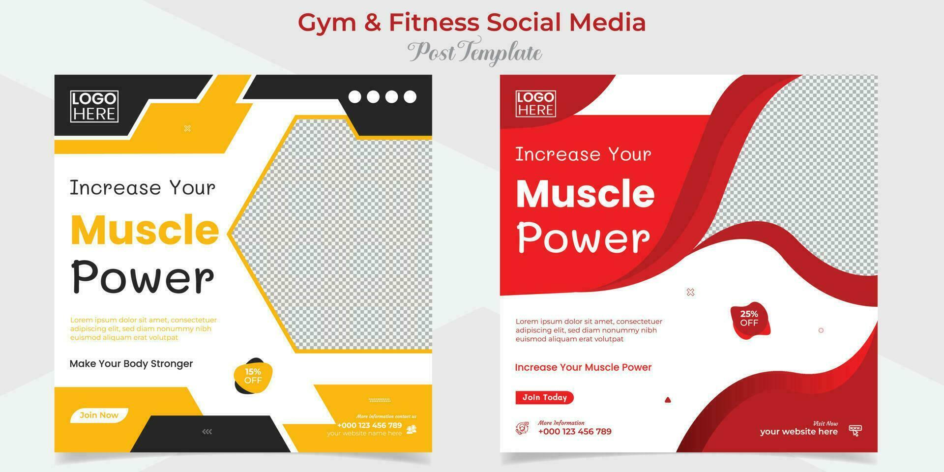 fitness gym social media post and square flyer post banner template design package vector