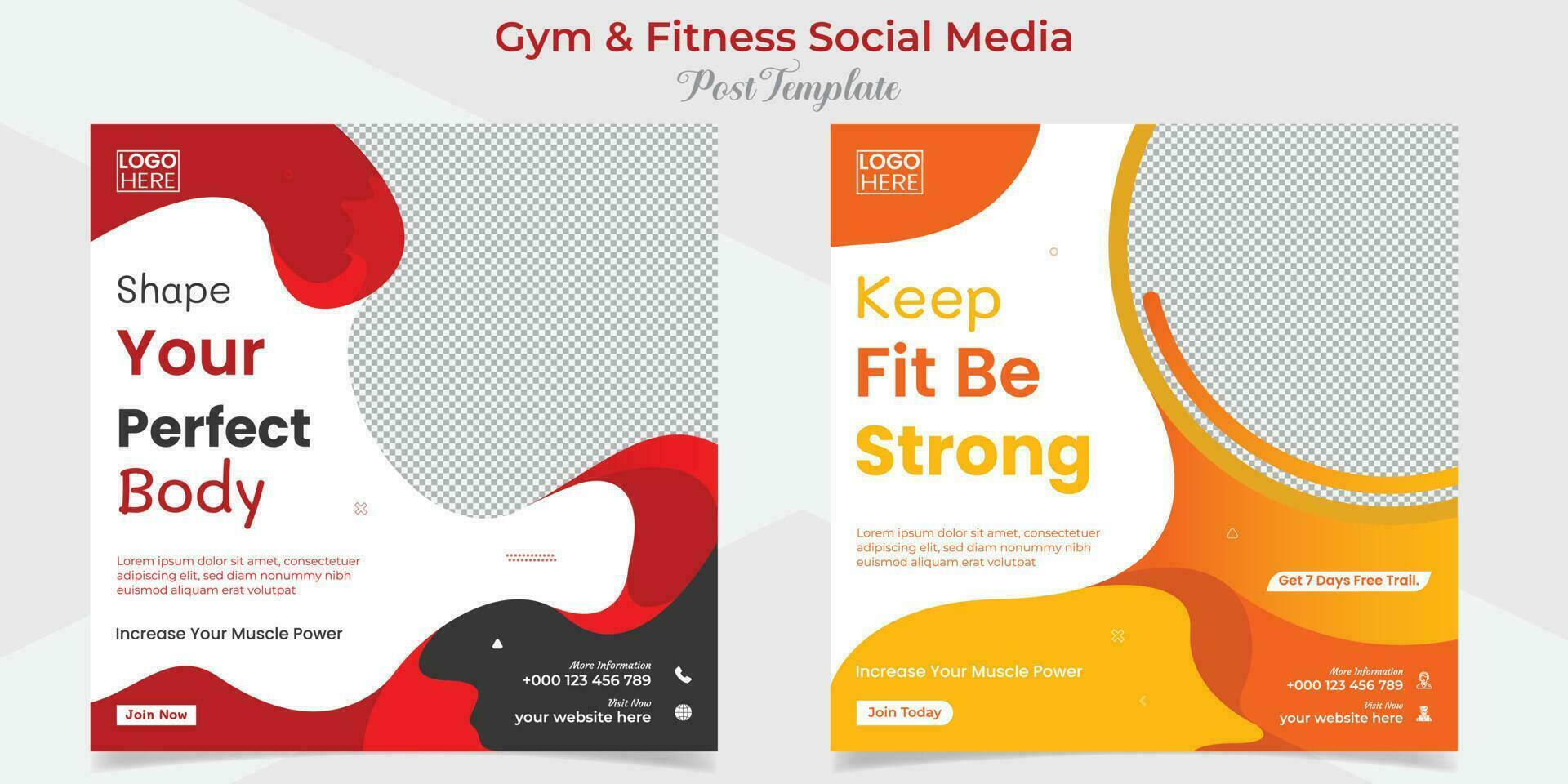fitness training social media post and square flyer post banner template design package vector