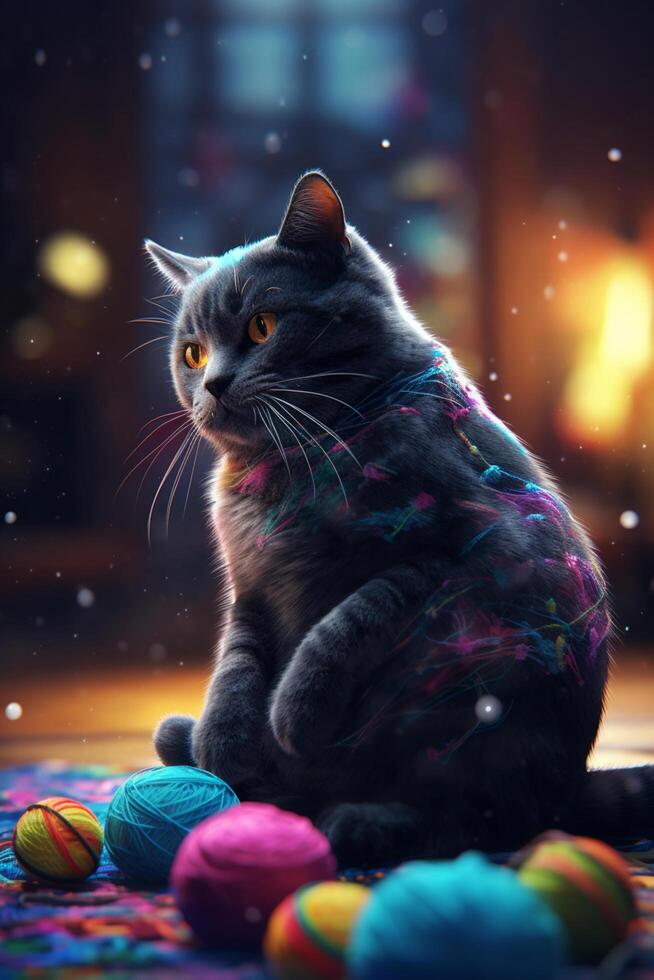 juguetón gato con vistoso lana pelotas ai generado foto