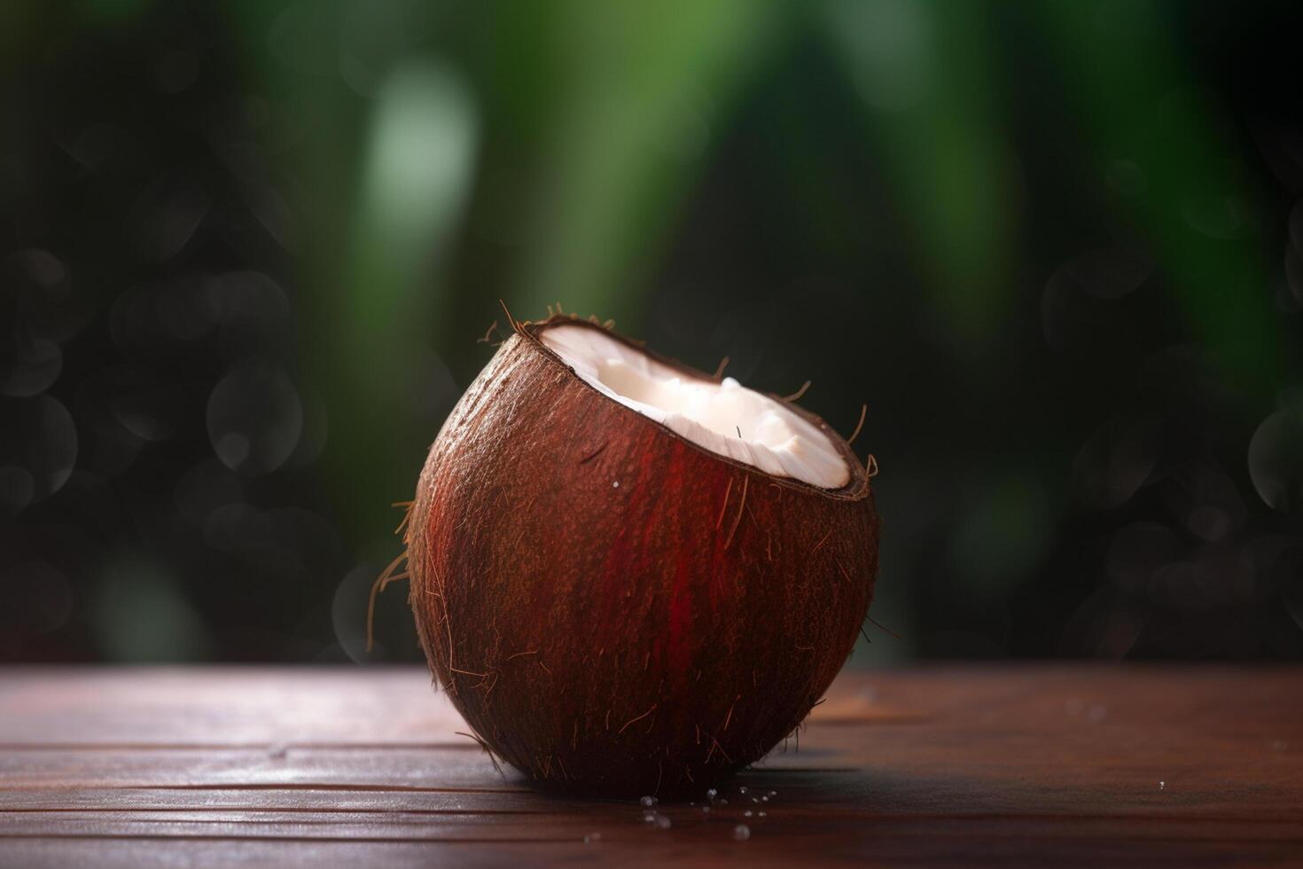 Sliced Coconut on Wooden Table with Blurred Bokeh Background photo