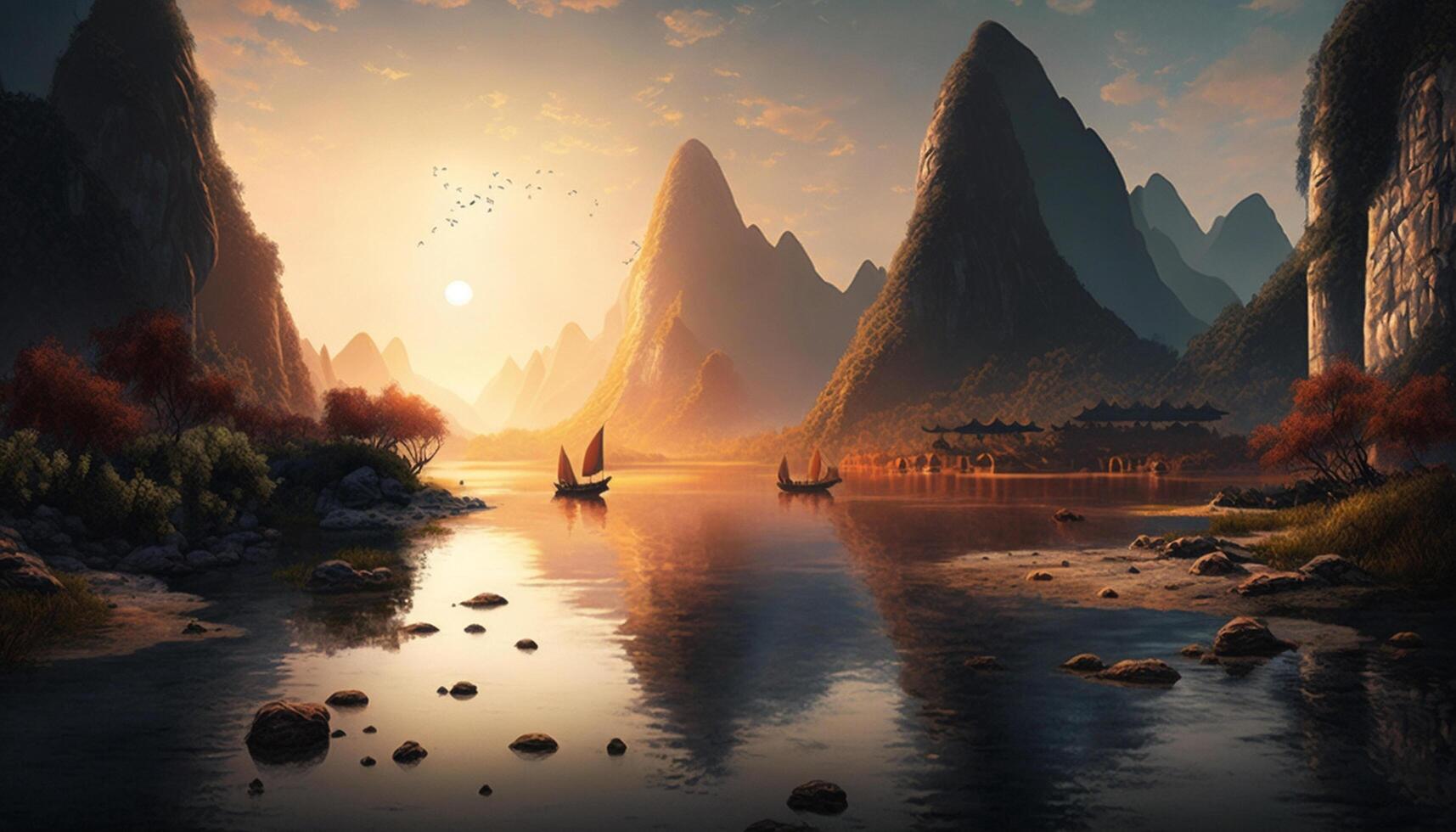 River Serenade Majestic Chinese Landscape with Sunset Glow, Boats, and Mountains photo
