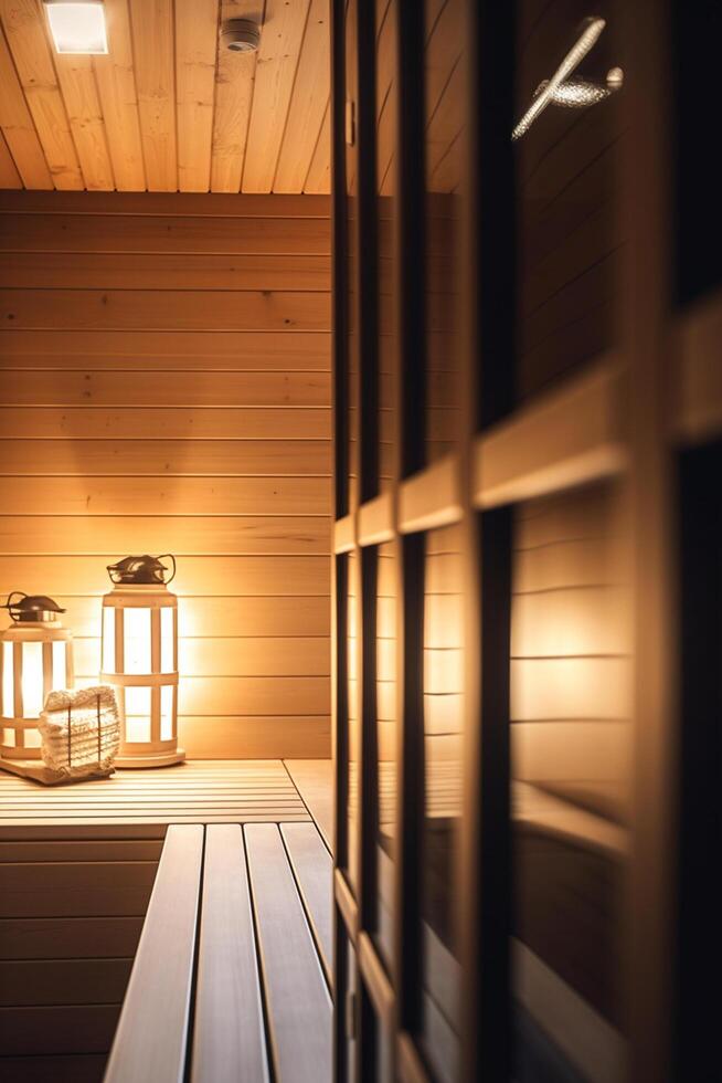 sereno sauna oasis calentar de madera interior bañado en luz de sol ai generado foto