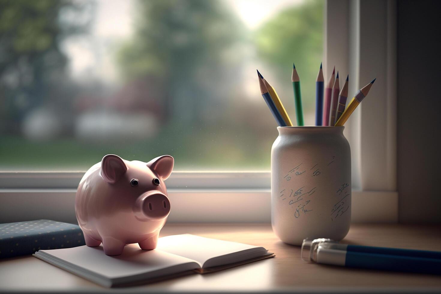 A piggy bank sitting on a windowsill with a view photo