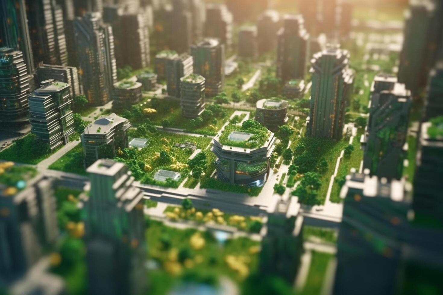 Green metropolis of the future High-tech city with lush vegetation and clear skies photo