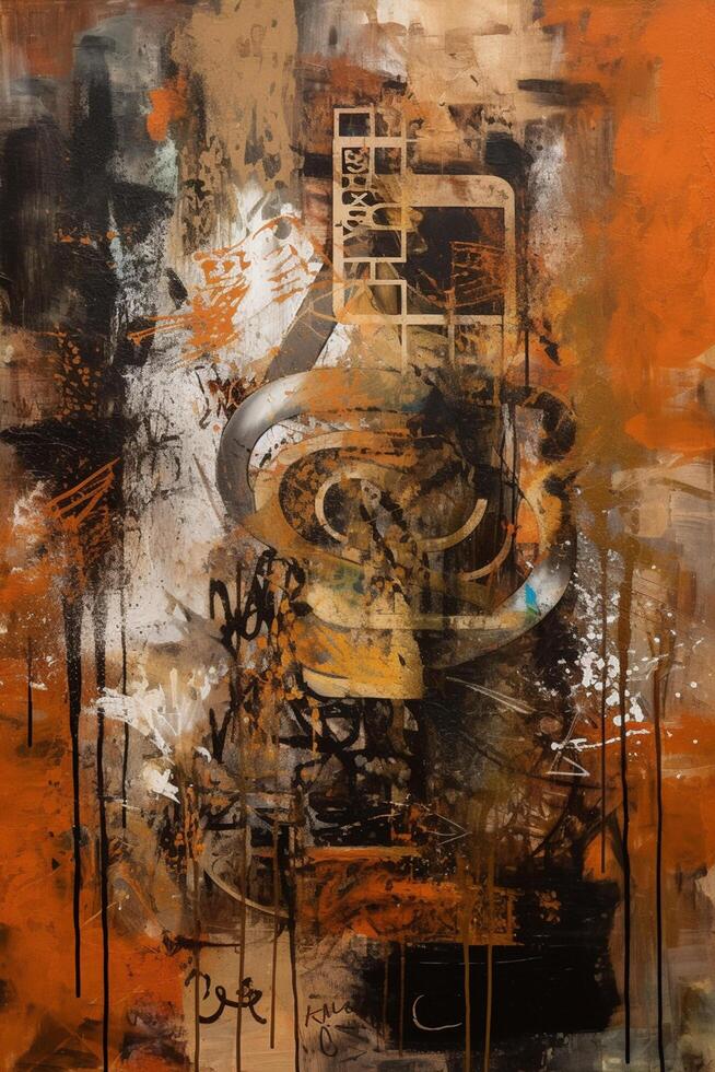 Industrial Opus A Captivating Fusion of Collages and Paint in Large Canvas Paintings with Orange and Sepia Hues photo