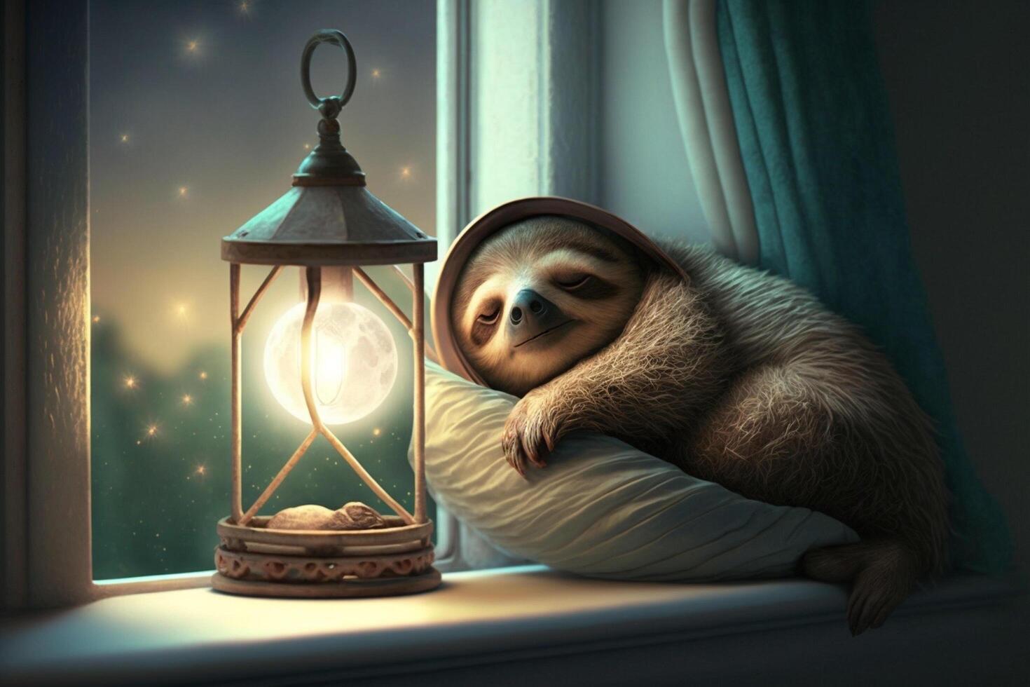 happy and tired sloth sleeps in a bed with pillow window and moon photo
