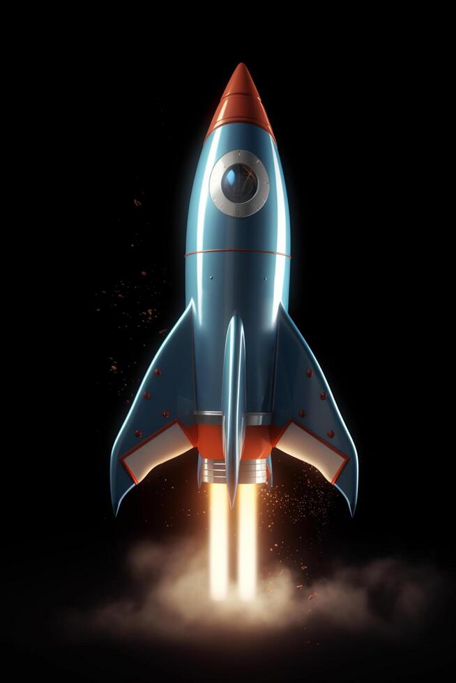 Launching into Success 3D Rendering of Rocket Model Against Dark Background photo