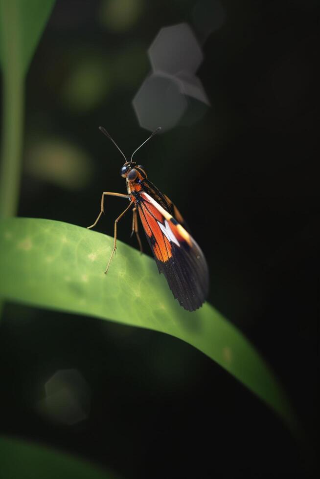 escarlata escarabajo en un vibrante verde hoja en el selva ai generado foto