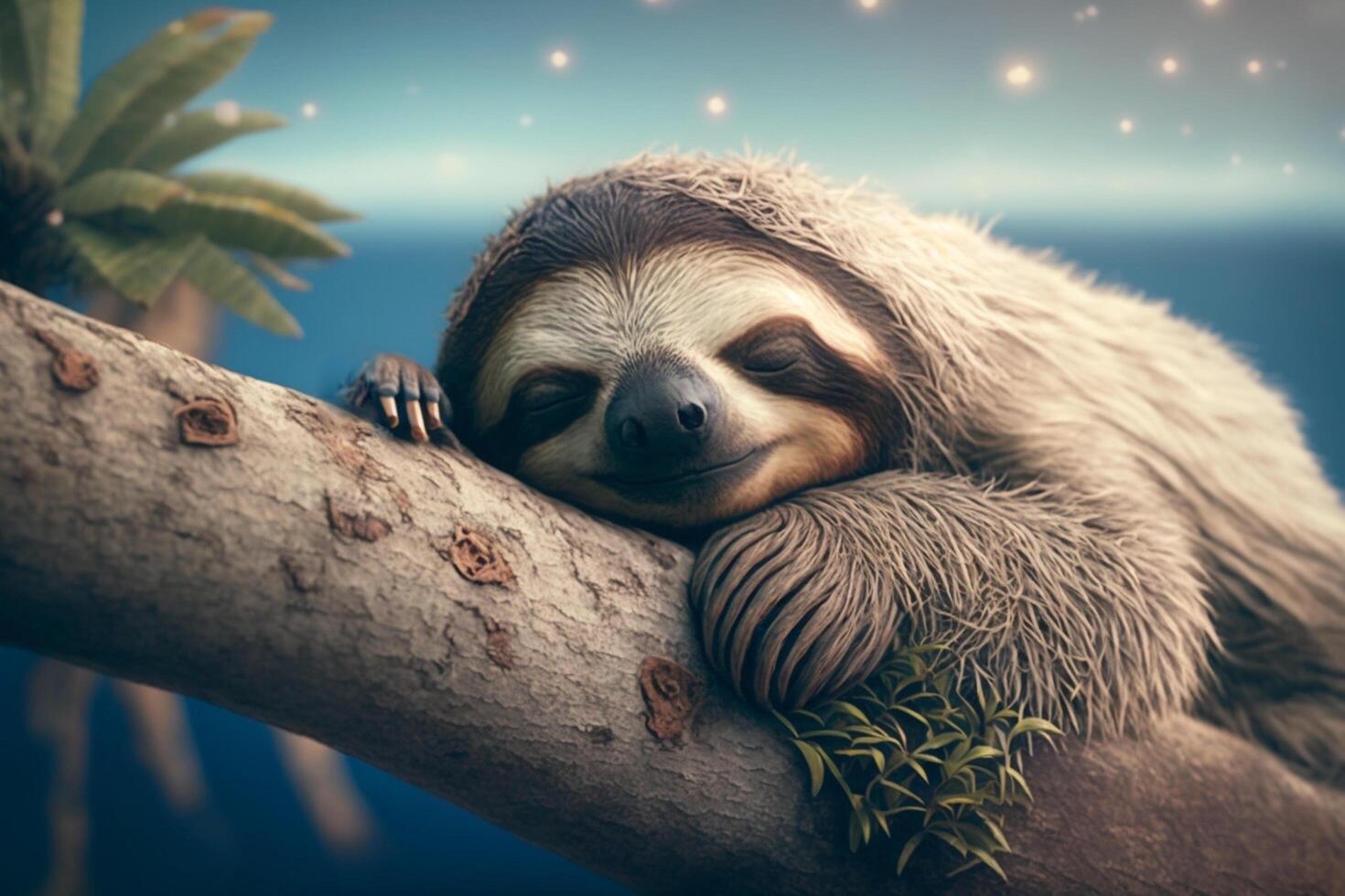 contento y cansado perezoso duerme en un palma árbol en verano ai generado foto
