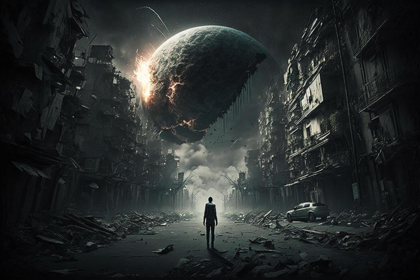 Dark scenery of an end of the world with Comet Planet Dimension photo