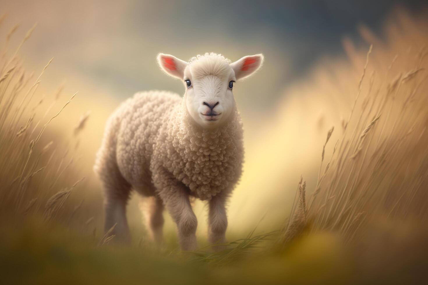 alegre pequeño Cordero con un grande sonrisa en sus cara ai generado foto