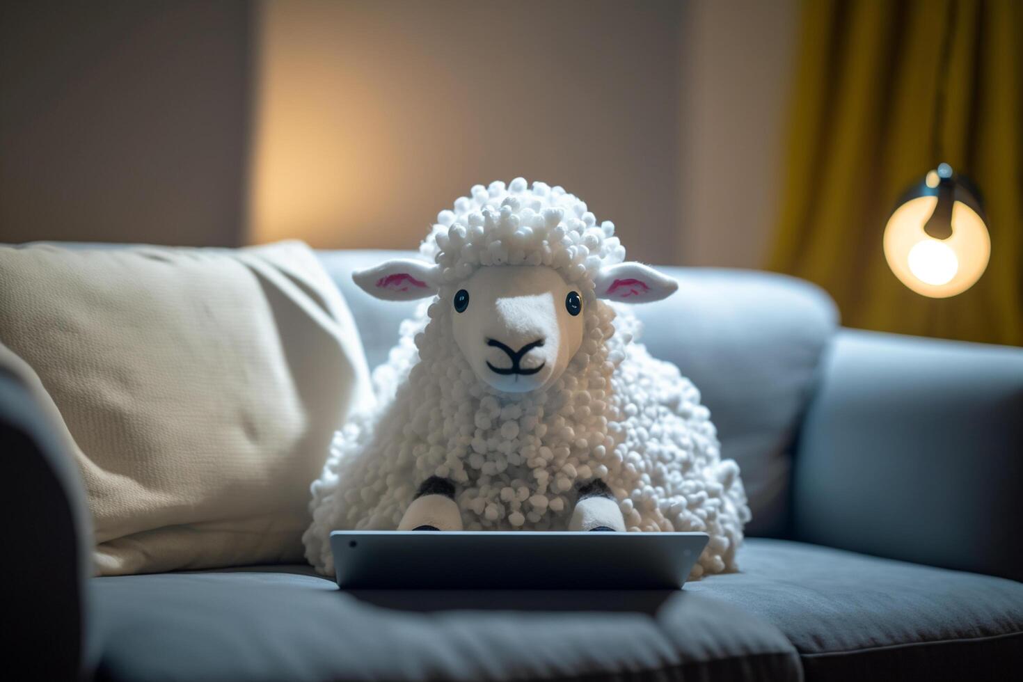 Cozy Sheep Working from Home Cute and Comfy on the Couch with a Laptop photo