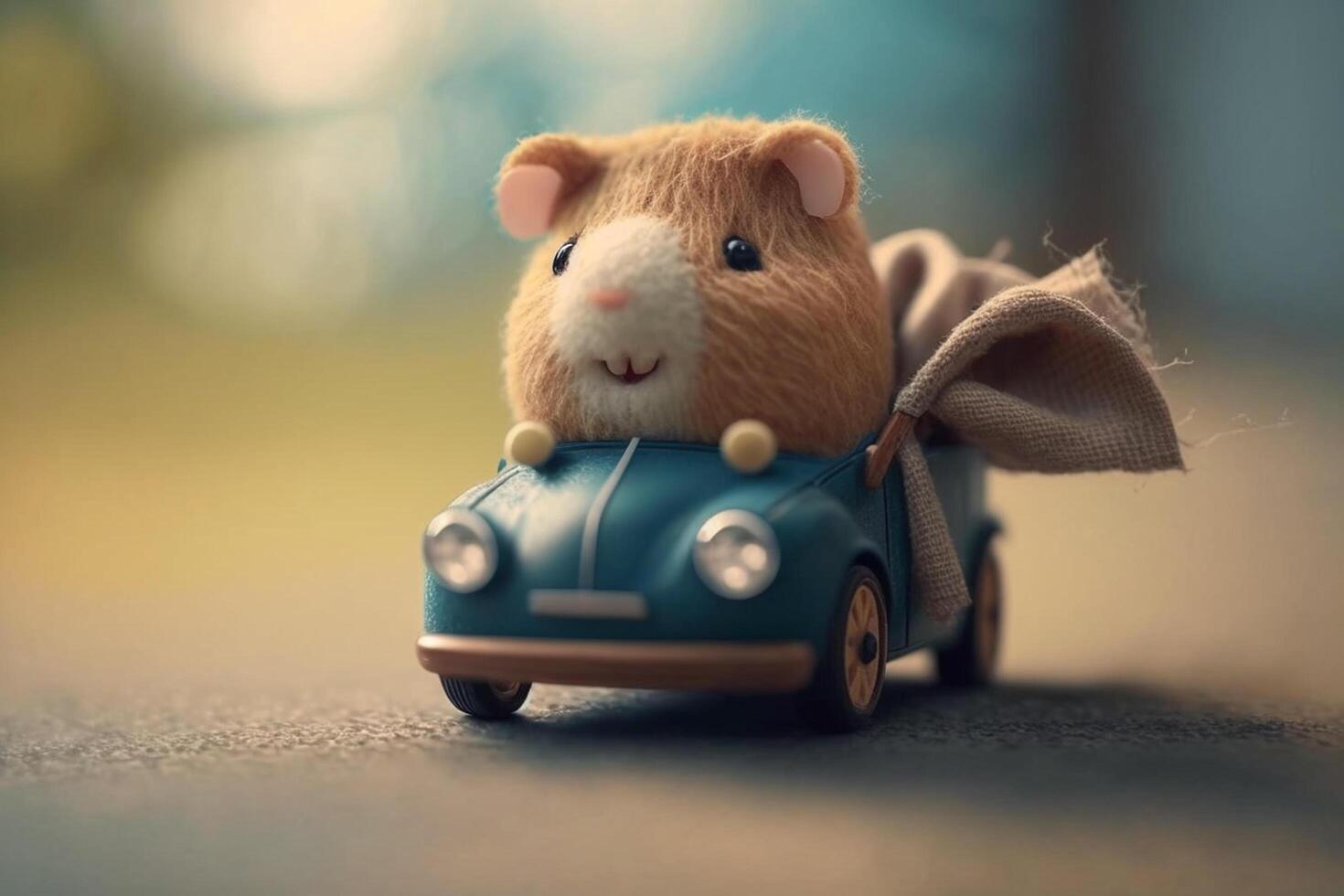 Happy guinea pig kid rides a toy car photo