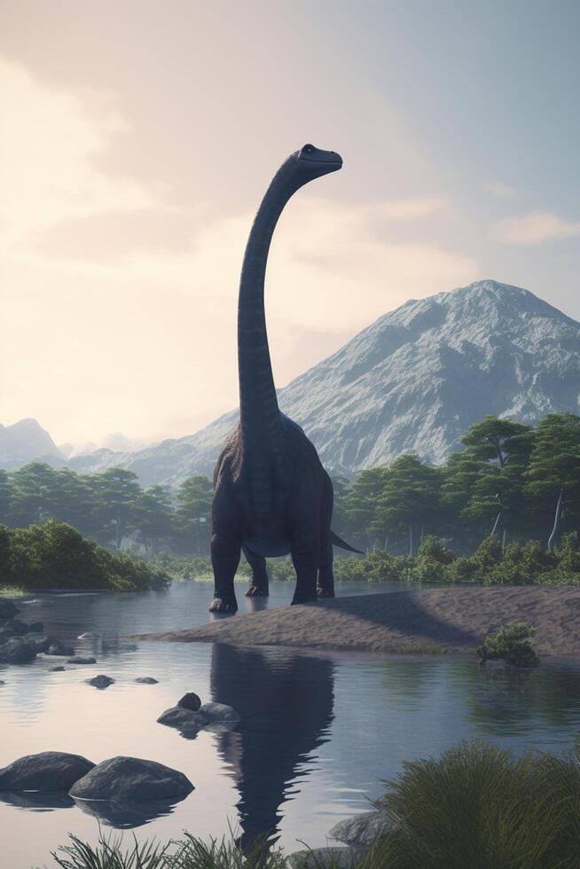 Majestic Giants of the Prehistoric World A Realistic Illustration Showcasing the Brachiosaurus in an Enchanting Prehistoric Landscape photo