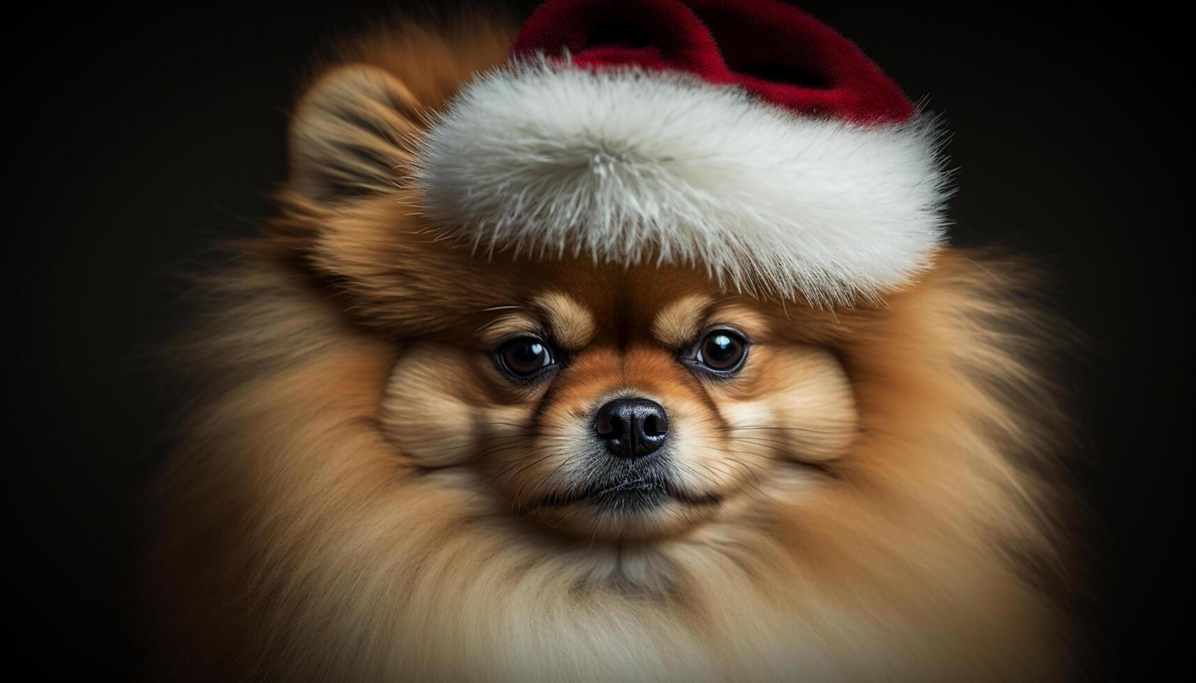 Festive Pomeranian pup donning a red and white Santa hat photo