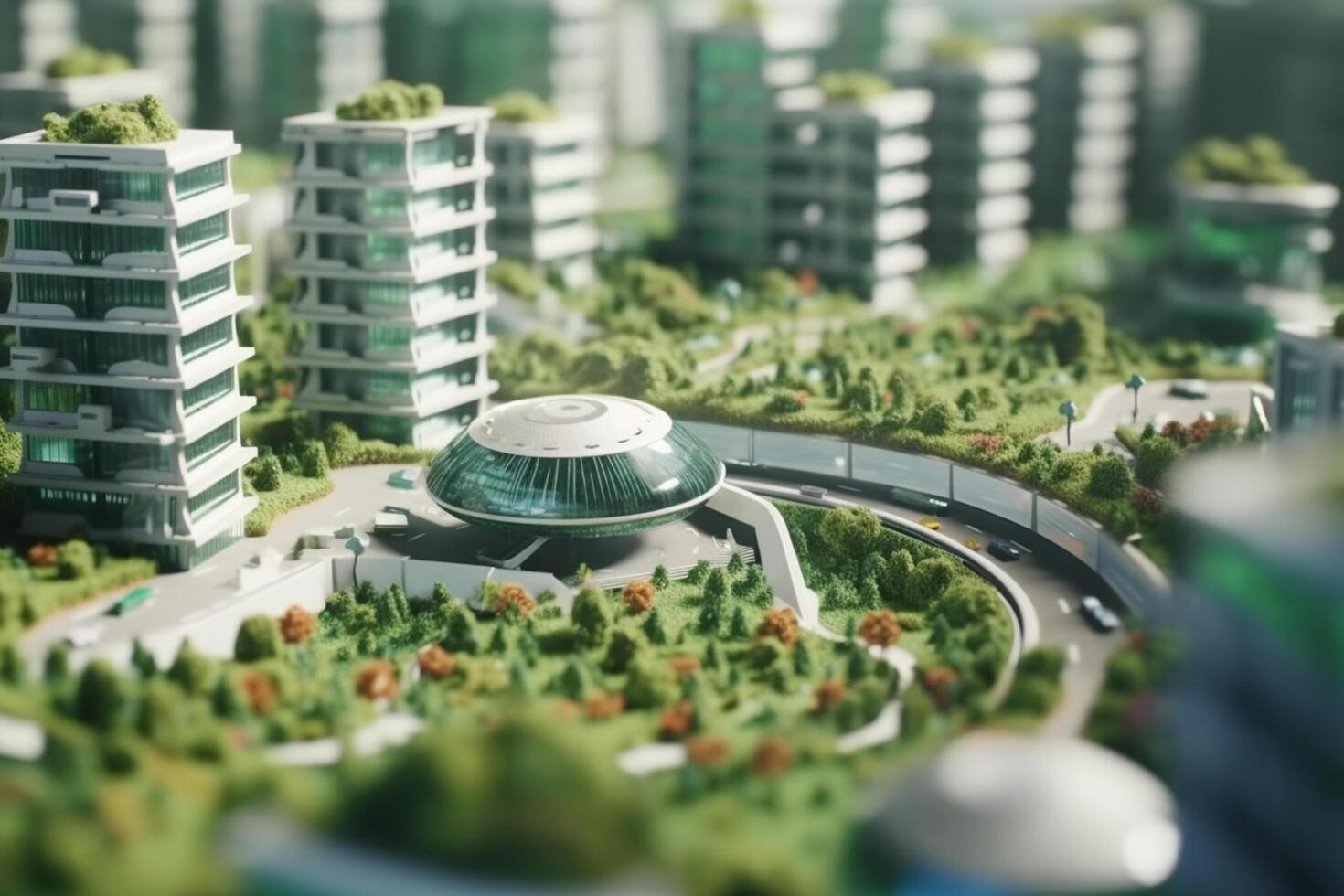 Green metropolis of the future High-tech city with lush vegetation and clear skies photo