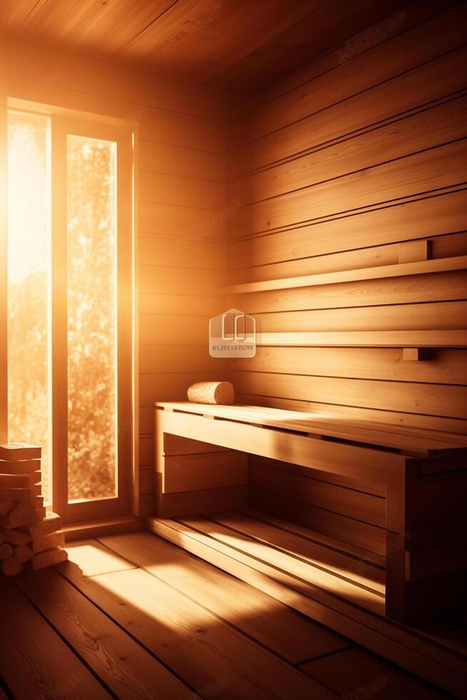 radiante sauna un sereno escapar con rayos de sol y calentar madera ai generado foto