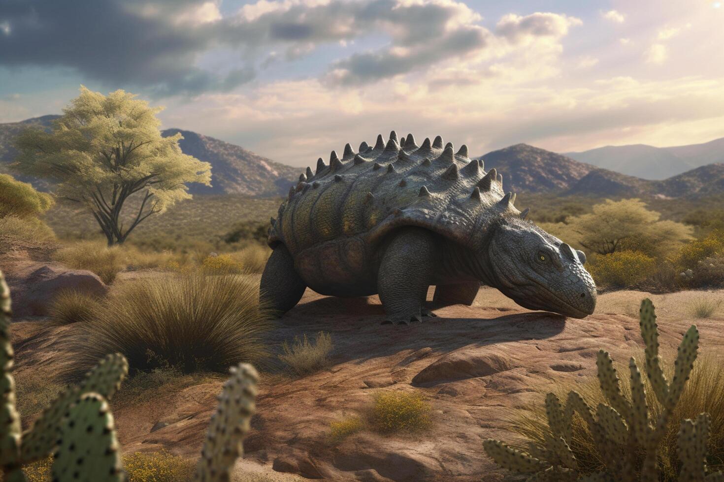Guardian of the Prehistoric Realm A Realistic Illustration Showcasing the Mighty Ankylosaurus in a Mesmerizing Prehistoric Landscape photo