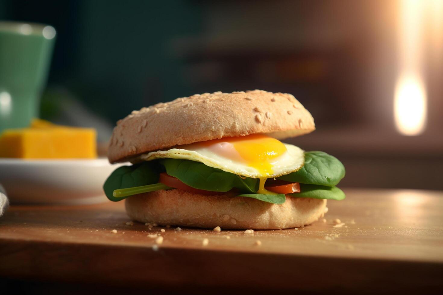 Avocado, Spinach and Fried Egg Sandwich on a Fresh Brioche Bun photo