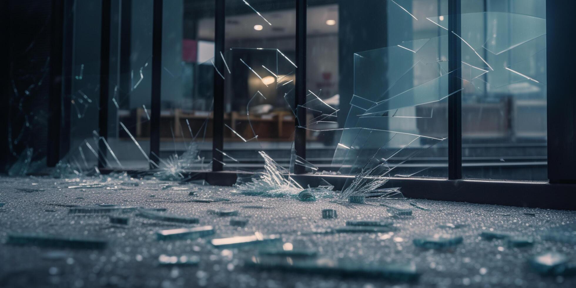 Desolate aftermath of a bank run shattered glass and debris on the empty street photo