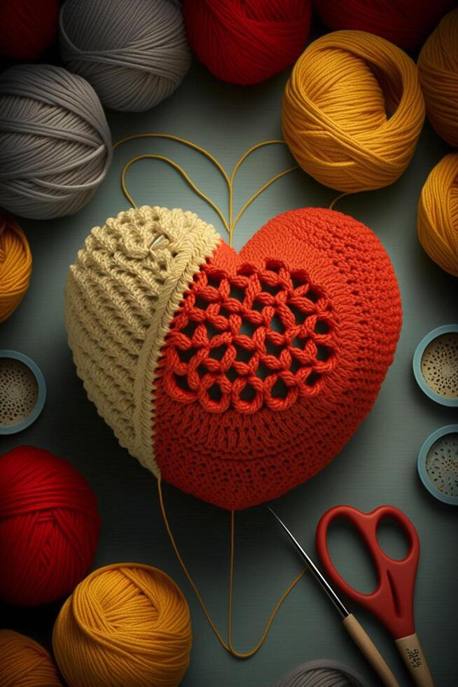 Crocheted Heart with Crochet Accessories on Wooden Table photo