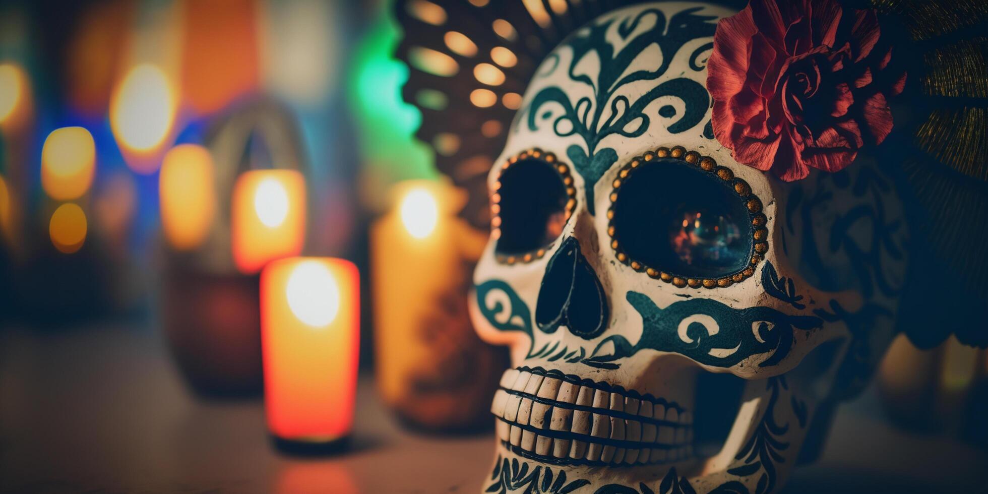 Colorful Decorated Skull Celebrating Mexican Day of the Dead Festival photo