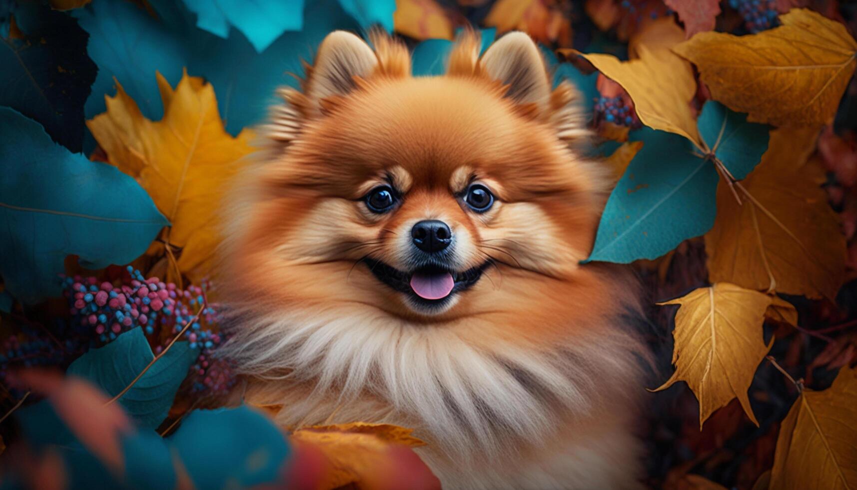 Pomeranian pup peeks through a sea of colorful autumn leaves photo