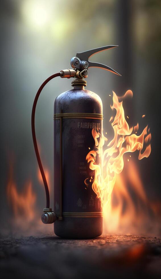 Fire Extinguisher with Flames in Background - Fighting Fire with Essential Safety Equipment photo