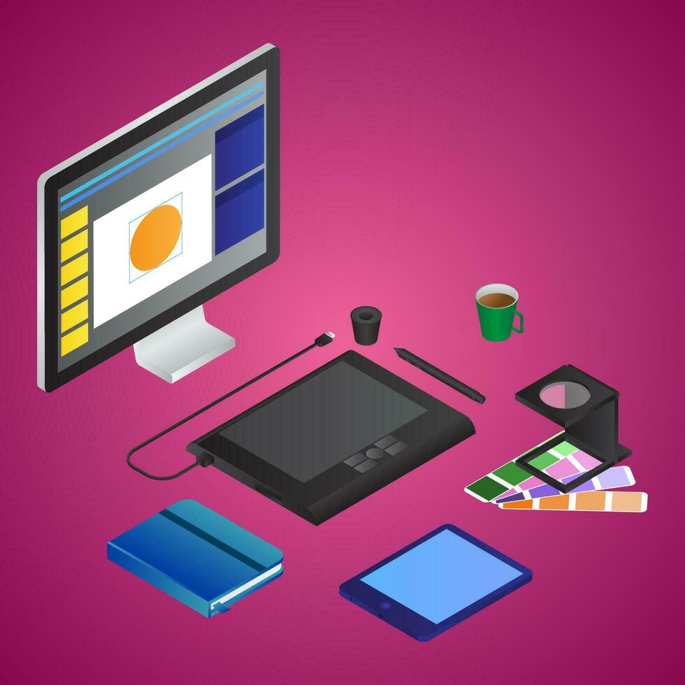 3D Designing tools of Computer with Pen Tab, Book, Smartphone and Pantone. vector