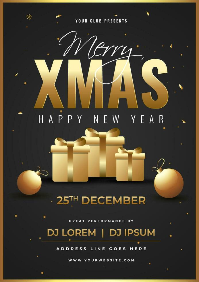 Advertising template or flyer design with gift boxes, baubles and event details for Merry Xmas and Happy New Year. vector