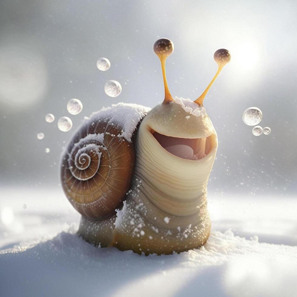 un gracioso contento Navidad caracol en el nieve ai generado foto