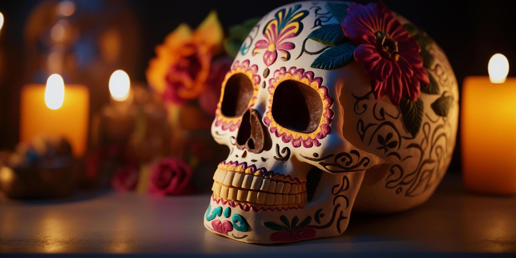 Vibrant Colorful Still Life of Decorated Skulls with Pumpkins, Candles and Traditional Mexican Decor Celebrating Day of the Dead - Dia de Muertos photo