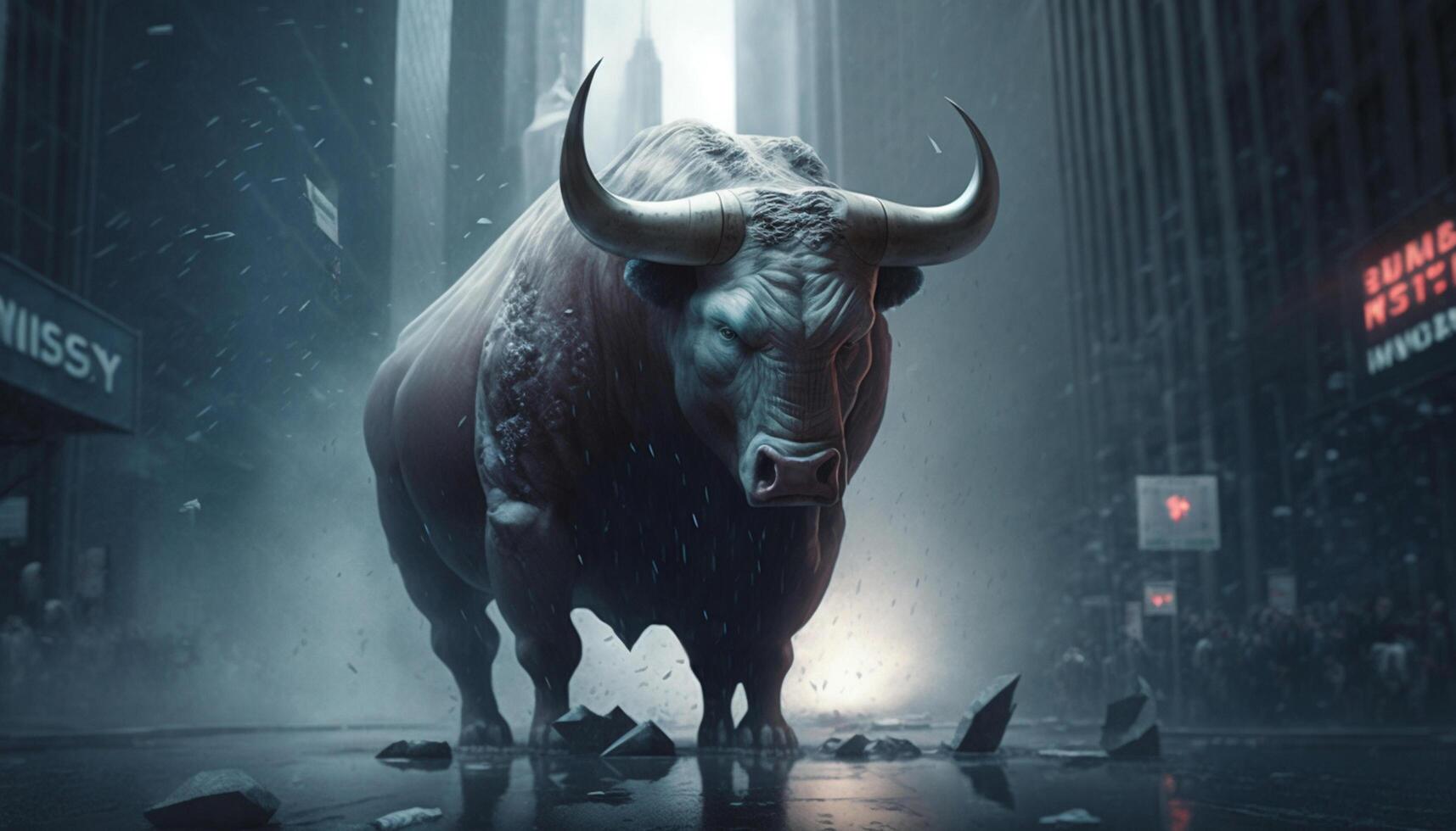 Tempestuous Crash A Mystical Image of a Furious Bull during a Stock Market Crash photo