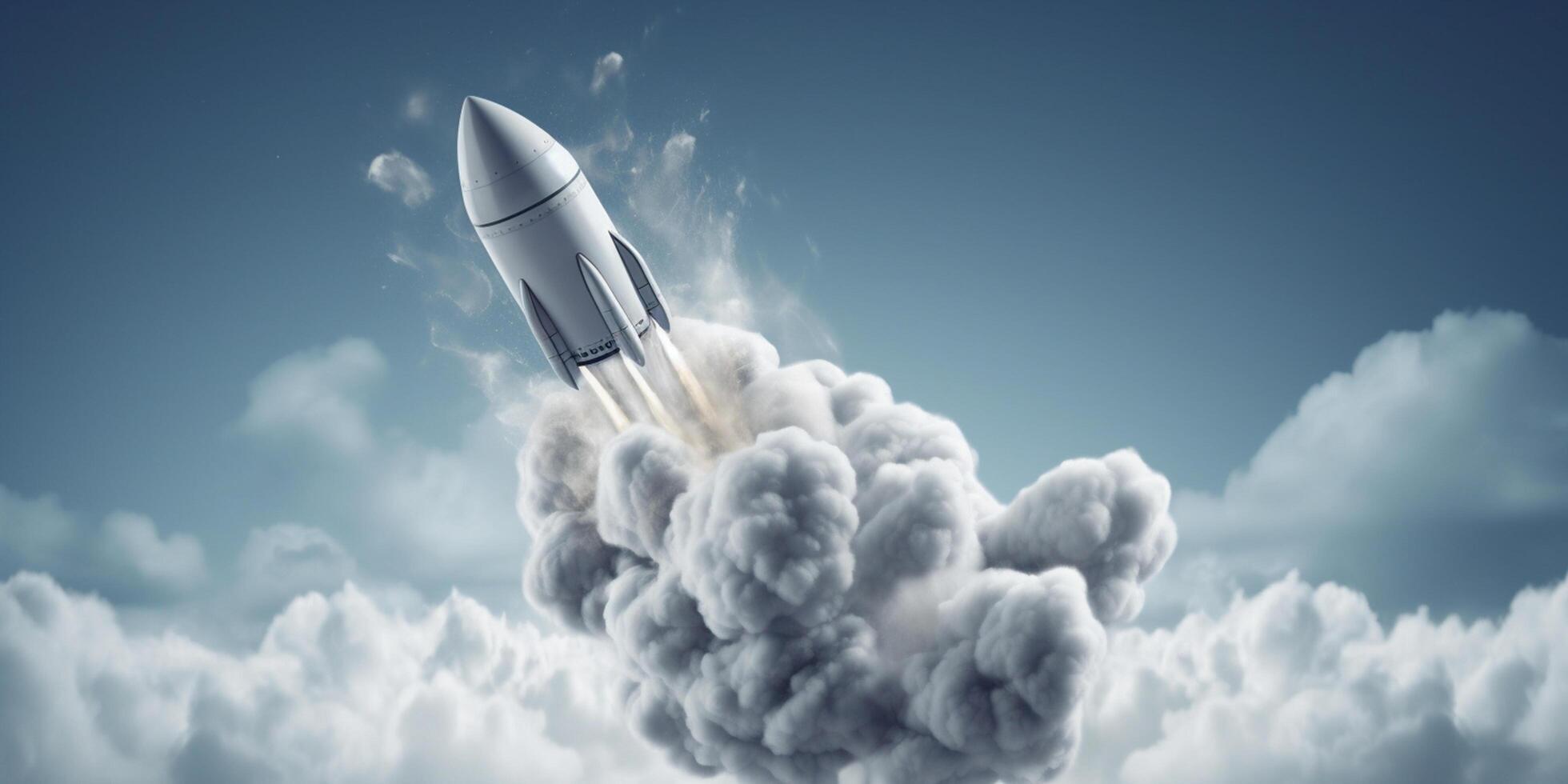 White Rocket Model Flying Through Cloudy Blue Skies as a Symbol of Startup Success and Innovation photo
