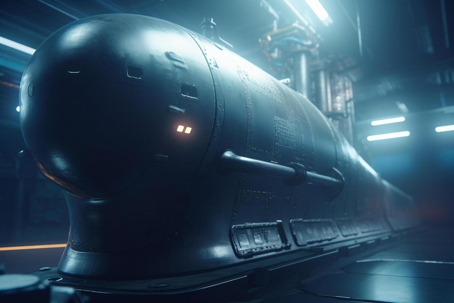 Futuristic Submarine in Underwater Hangar with Blue Light Effects photo