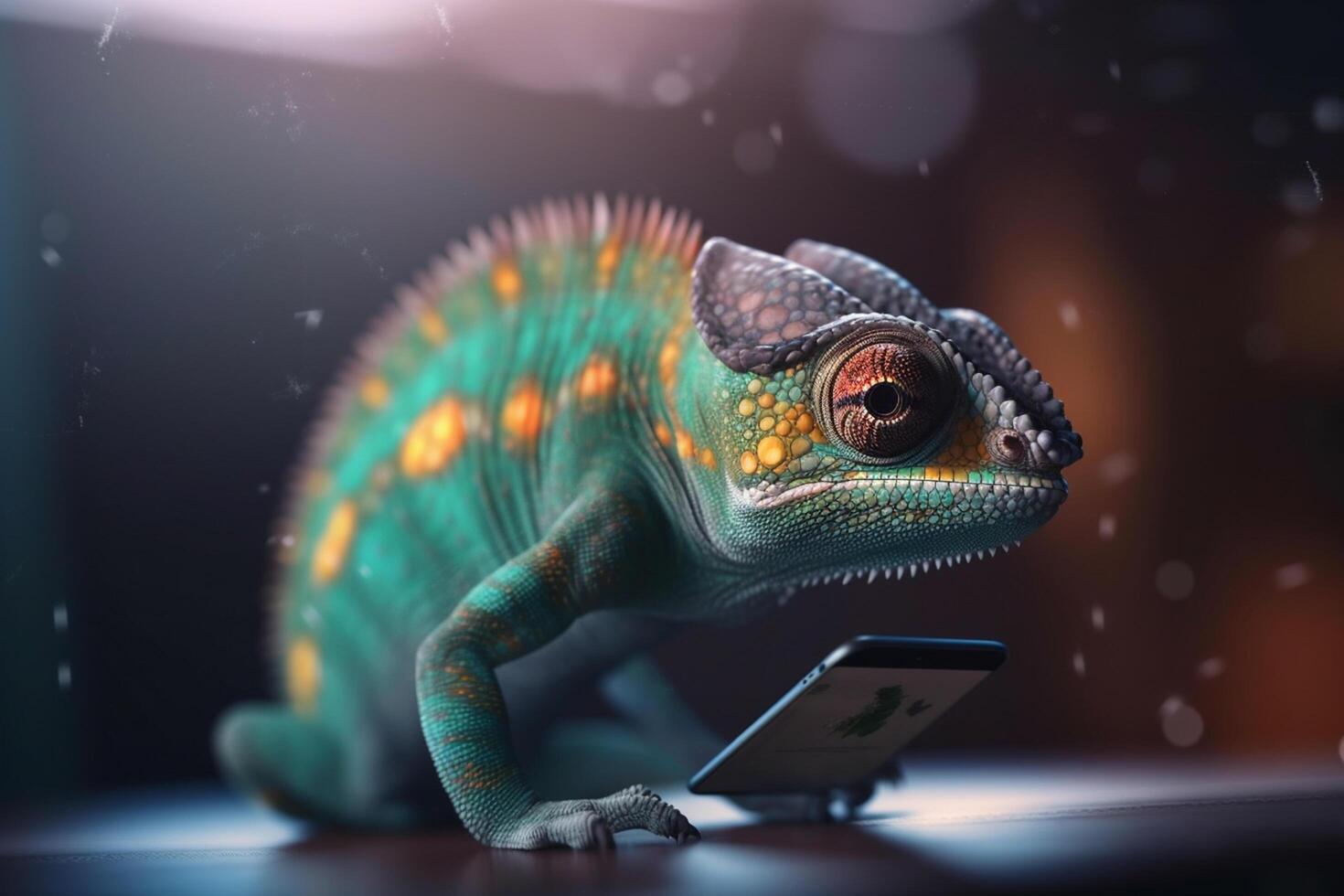 Charming Chameleon Checking its Tech A Photorealistic Cartoon Lizard on its Device photo