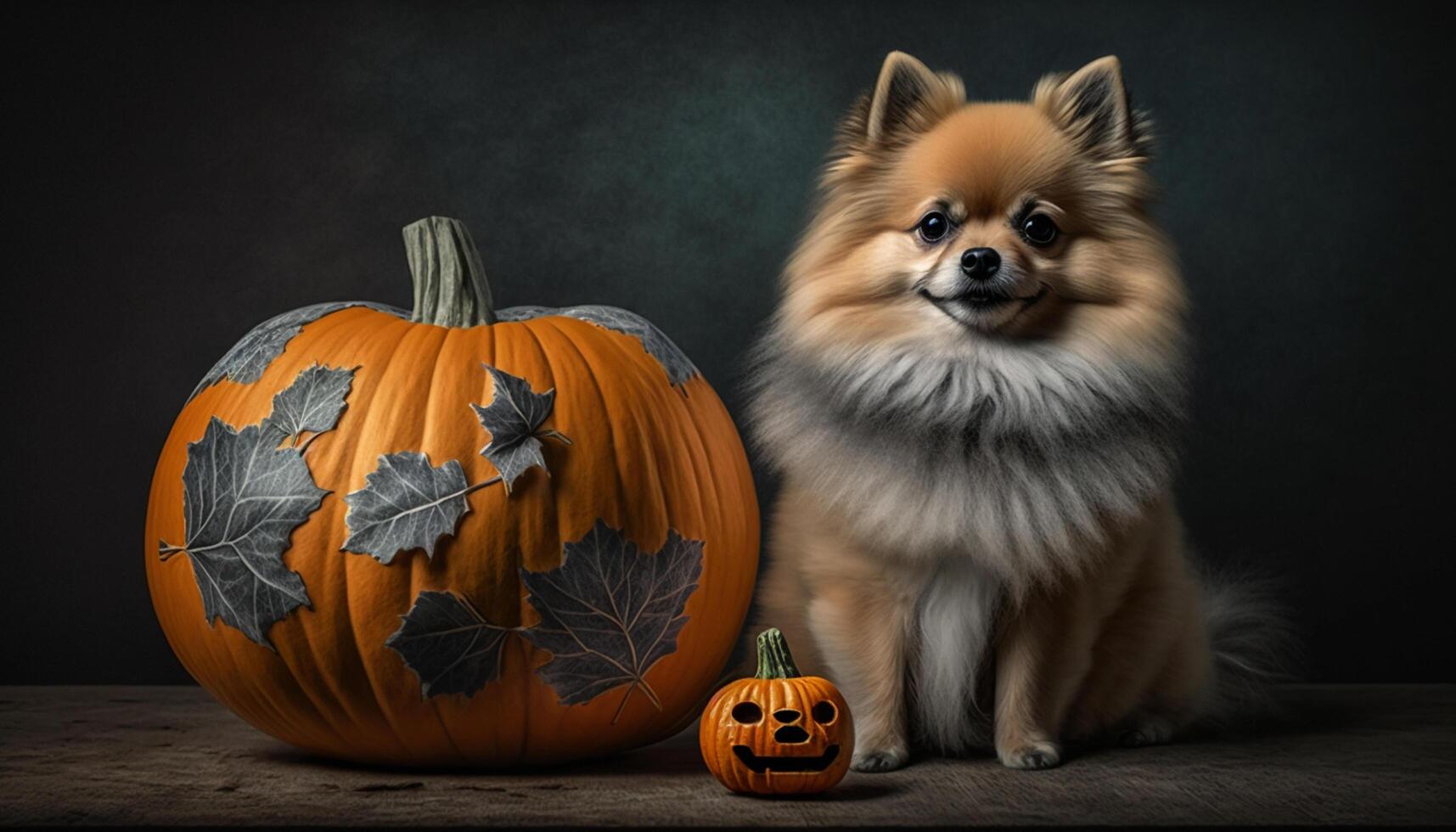 Adorable Pomeranian dog posing with a Halloween pumpkin photo