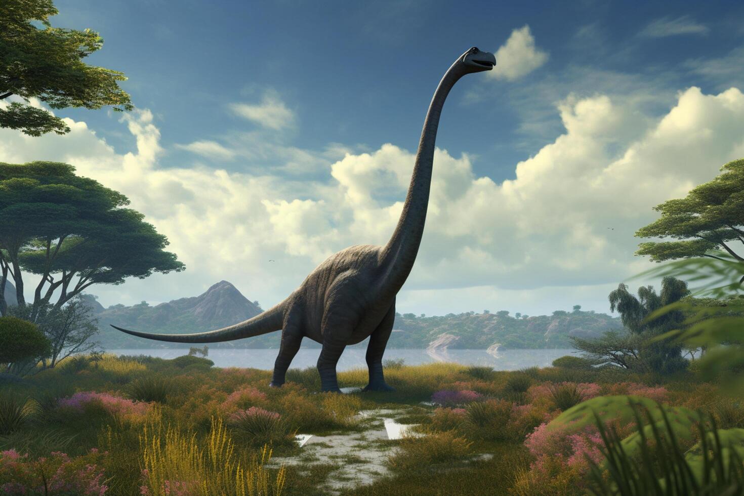 Majestic Giants of the Prehistoric World A Realistic Illustration Showcasing the Brachiosaurus in an Enchanting Prehistoric Landscape photo