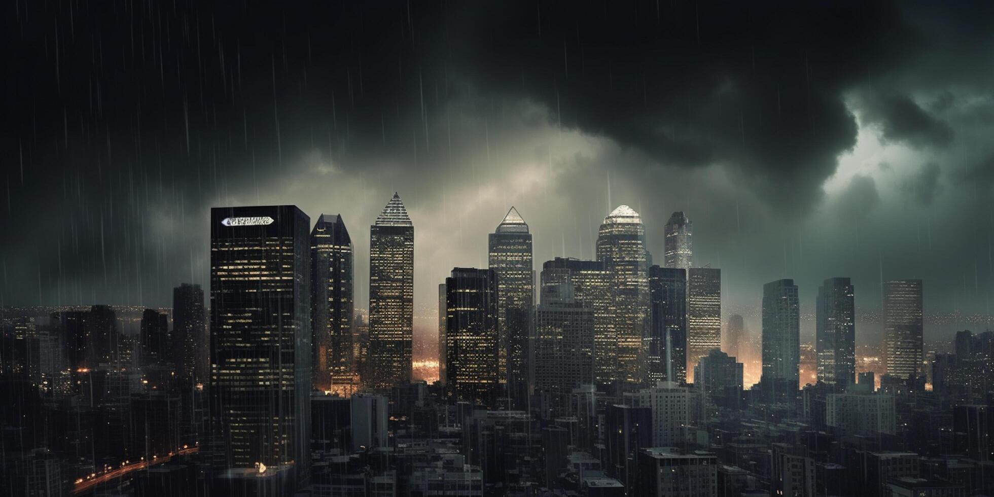 financiero tormenta ciudad horizonte durante banco correr con trueno y relámpago ai generado foto