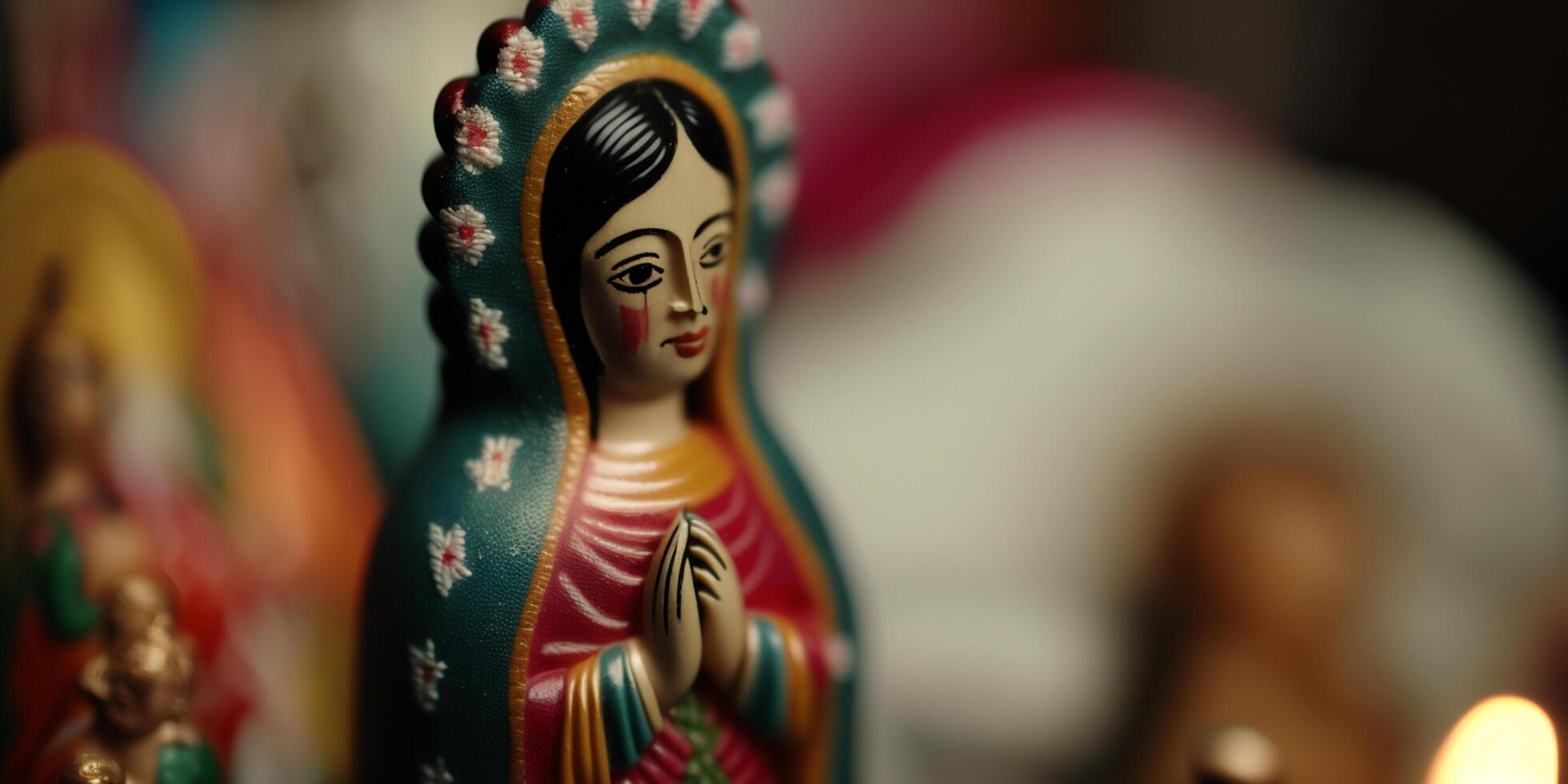devoción a el Virgen de guadalupe sagrado de madera figura para el mexicano fiesta ai generado foto