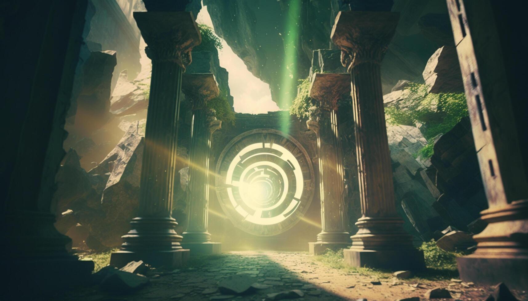 Juxtaposition of Time Ancient Ruins Meet Futuristic Time-Travel Portal photo