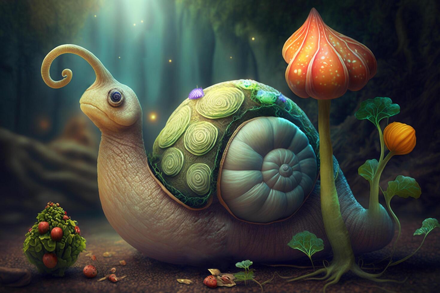 A funny snail in a magical fantastic fairy tale world photo