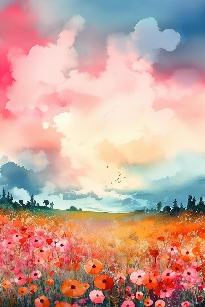 Summer Blooms A Pastel Watercolor Painting of a Flowery Meadow photo