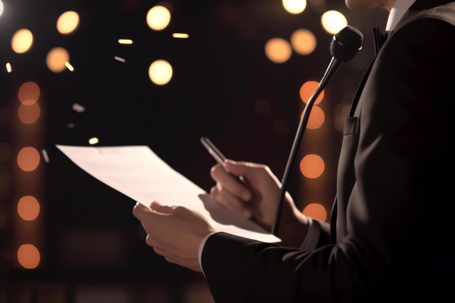 Keynote Speaker on Podium with Script and Microphone in Bright Spotlight at Business Conference photo