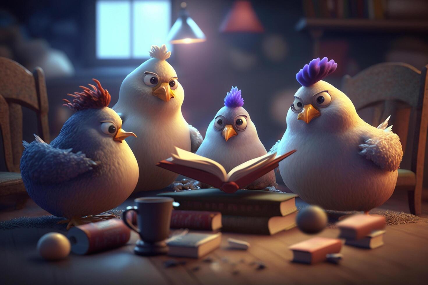 Curious Chickens Reading a Book with Surprise photo
