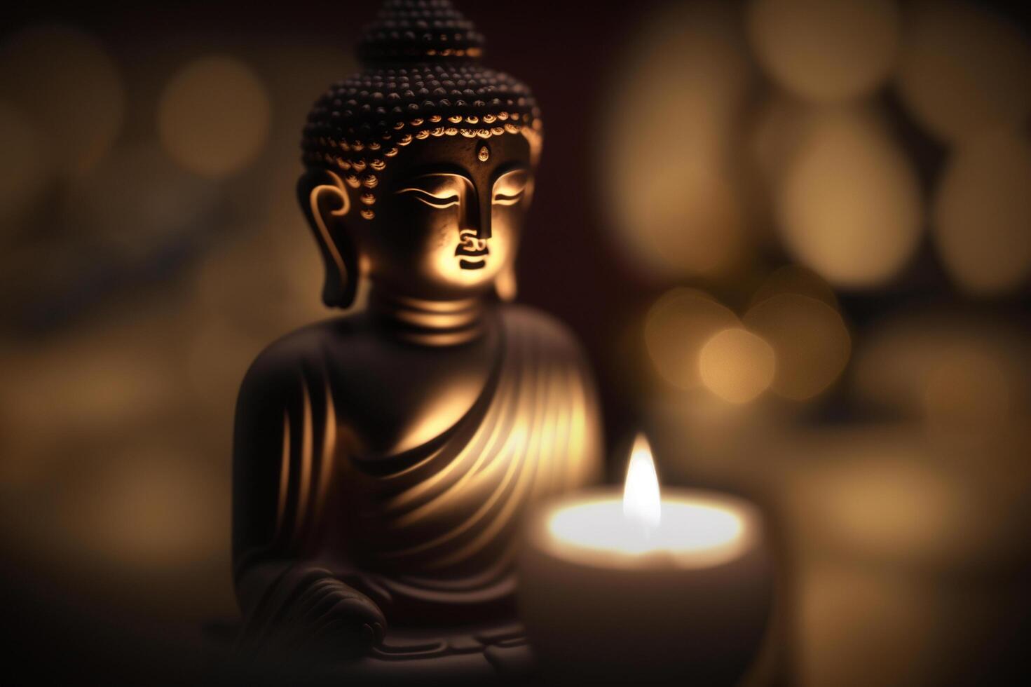 Close-up of golden Buddha statue with bokeh background photo