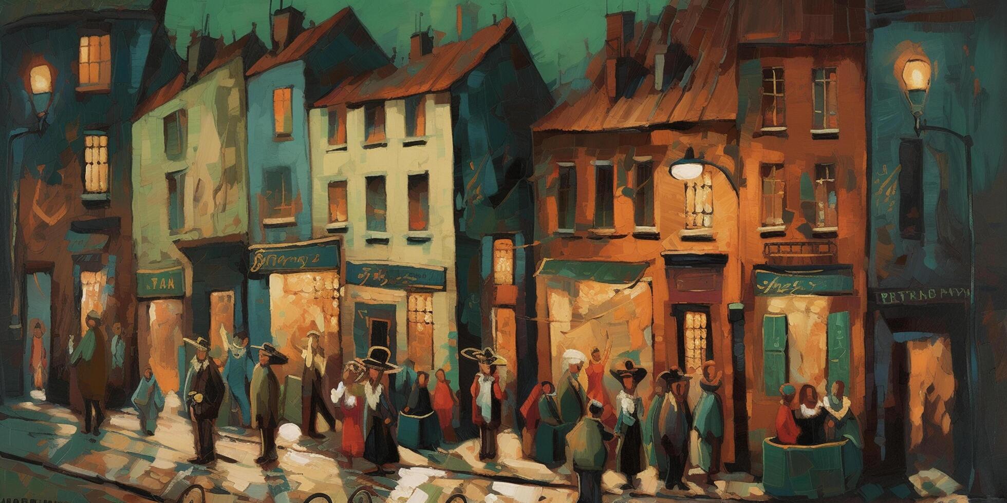 Vibrant city life in the roaring twenties Abstract depiction of bustling streets and colorful characters photo