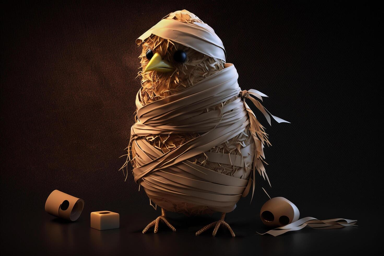 Mummy Hen A strange chicken dressed as a mummy in front of a dark background photo