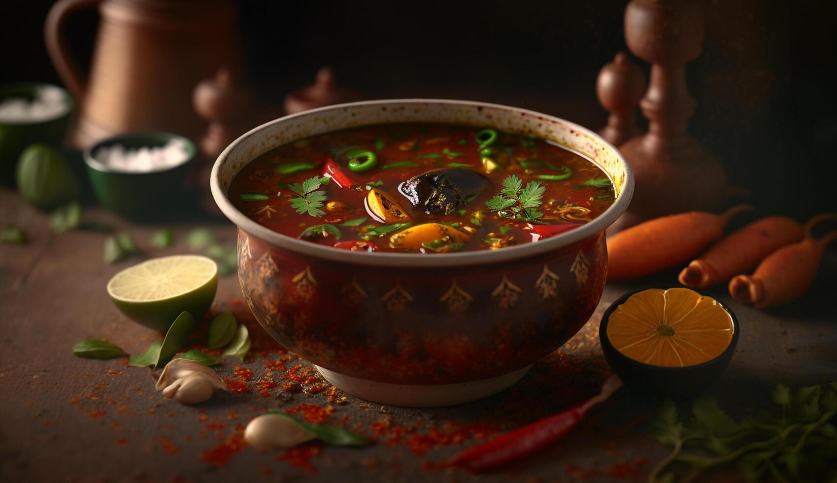 Aromatic and Spicy South Indian Rasam Soup with Tamarind and Lentils photo