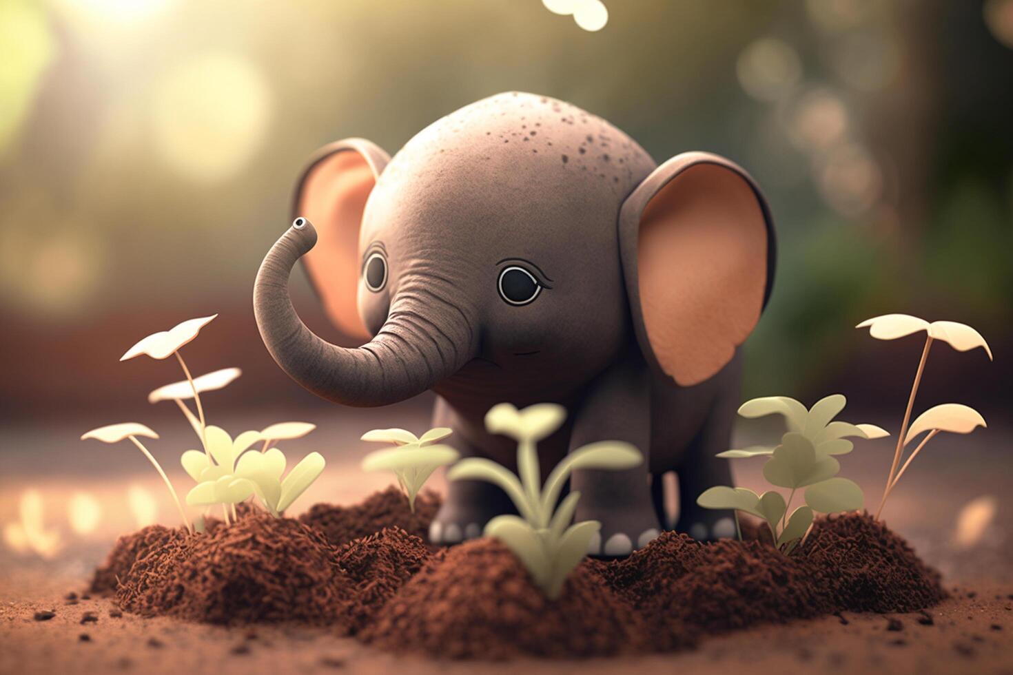 Adorable little elephant gardener tending to a lush flowerbed photo